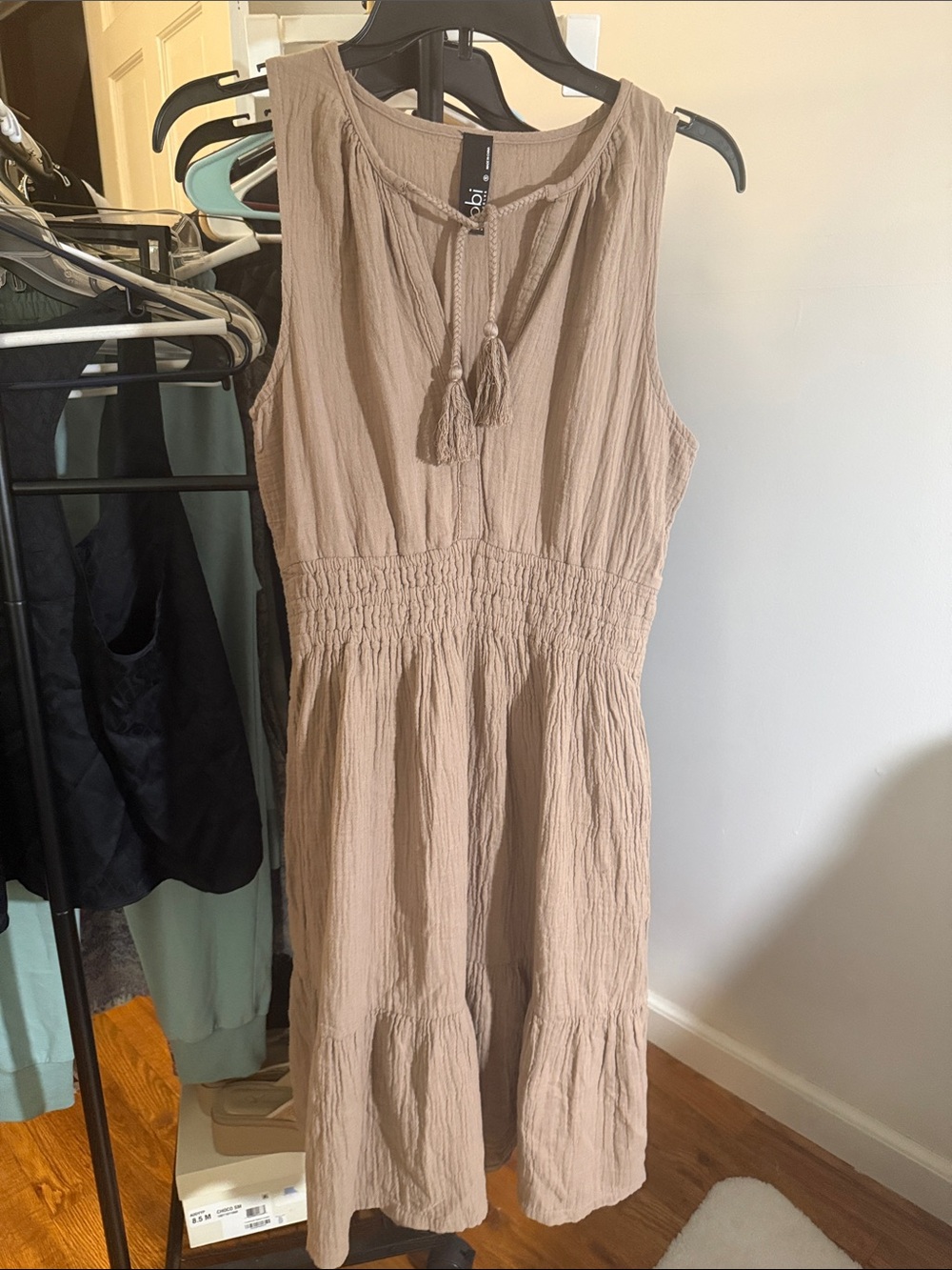 Bobi los angels Beige Sleeveless Smocked Waist Midi Dress with Tassel Tie